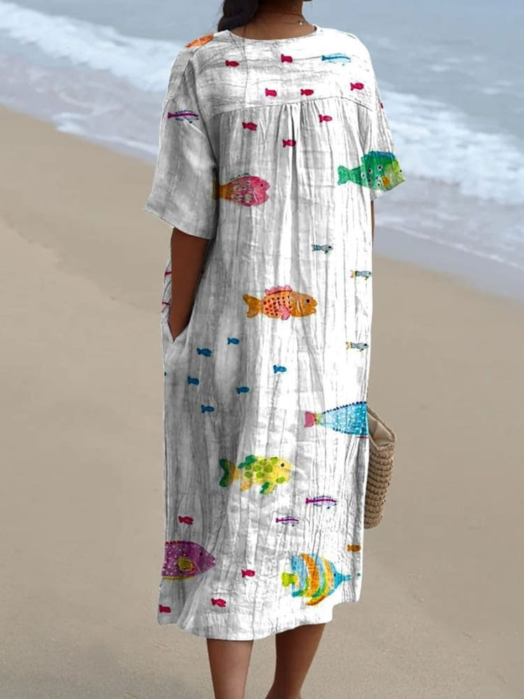 Women's Vintage Lovely Fish Art Print Flowy Dress