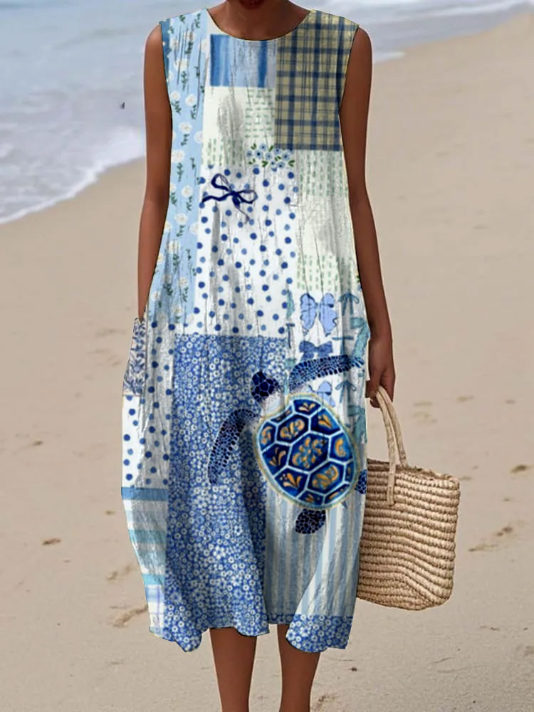 Women's Seaside Vacation Retro Turtle Geometry Pattern Print Sleeveless Cotton Pocket Wrap Dress