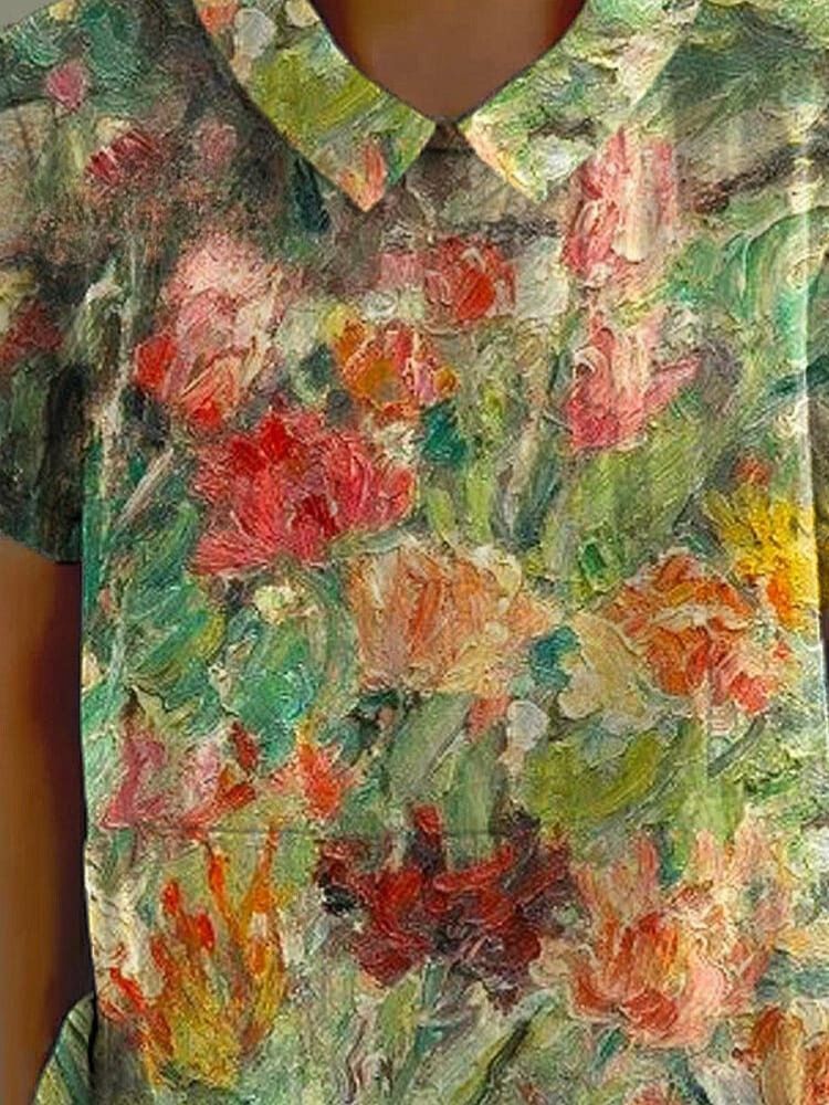Women's Retro Floral Art Print Casual Cotton And Linen Shirt
