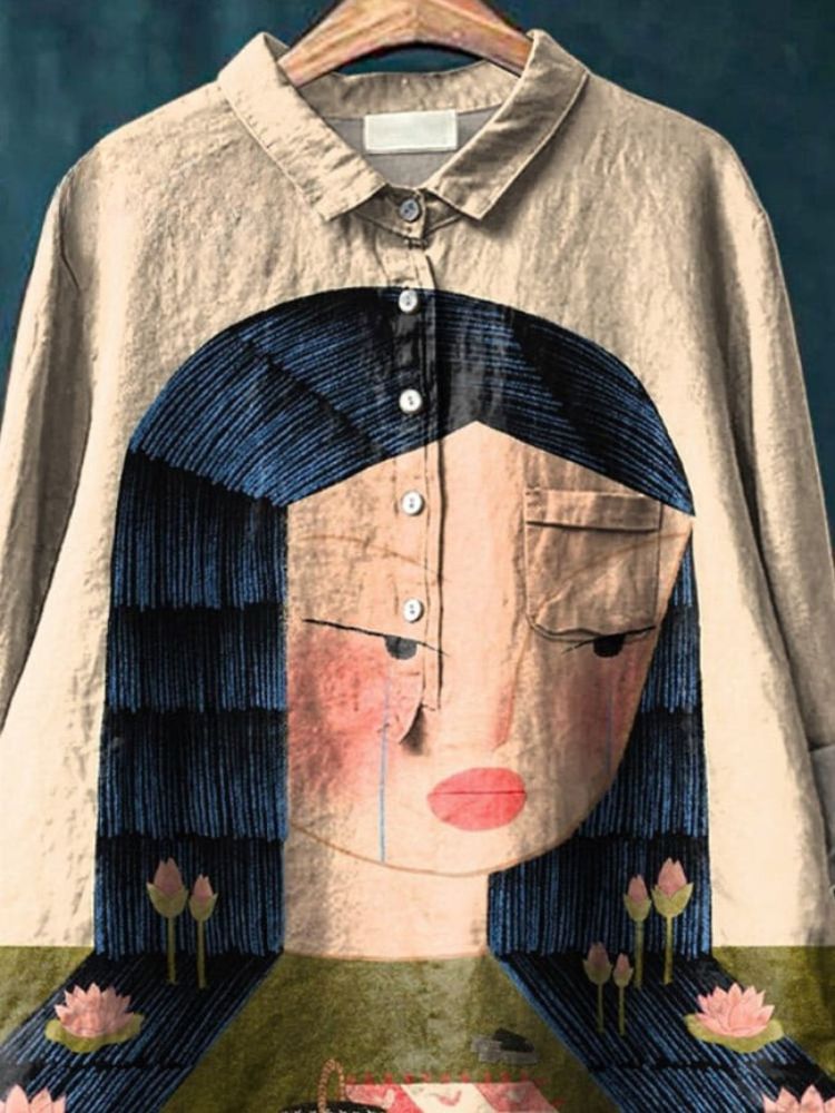 Lotus Lady Art Printed Women's Casual Cotton And Linen Shirt