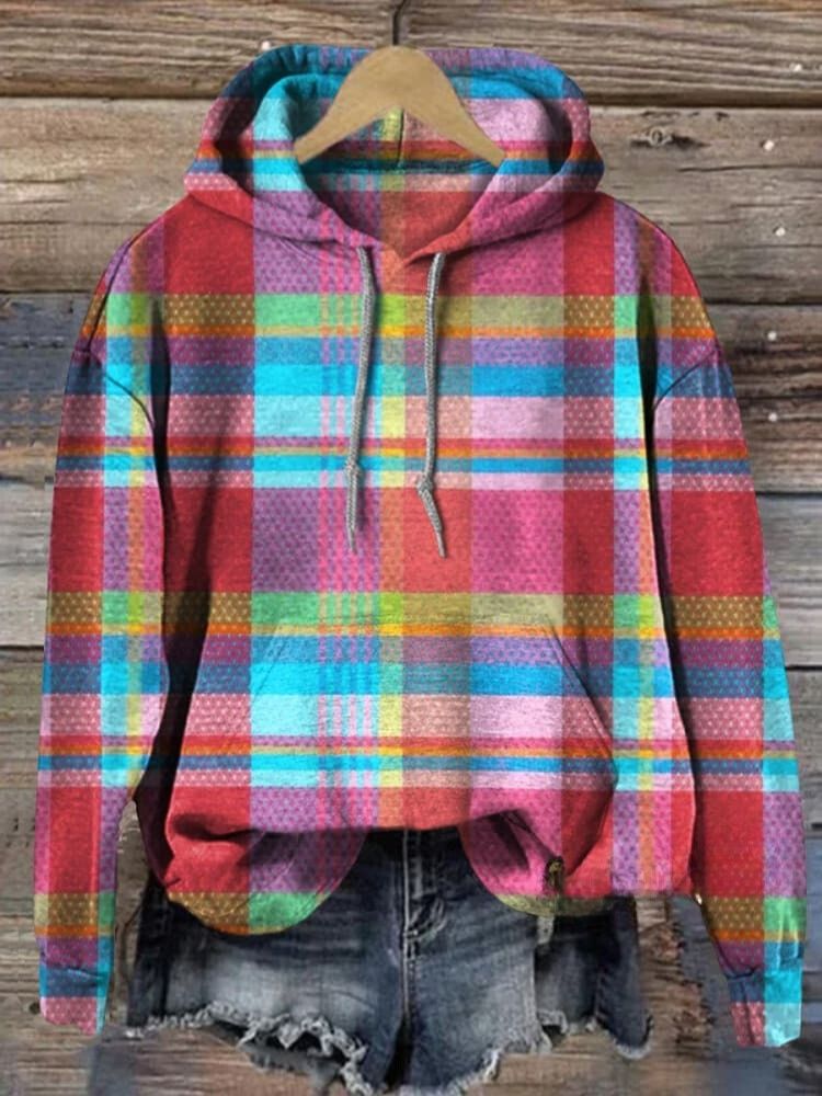 Colorful Plaid Print Casual Hoodie Sweatshirt