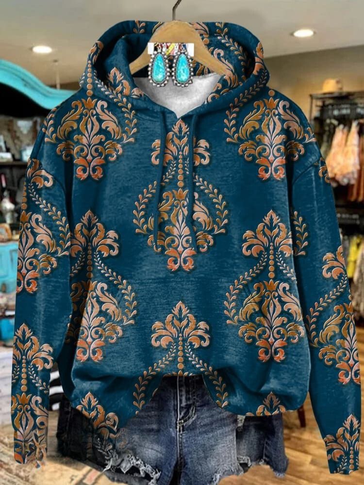Retro Dark Blue Ethnic Pattern Art Print Casual Hoodie Sweatshirt