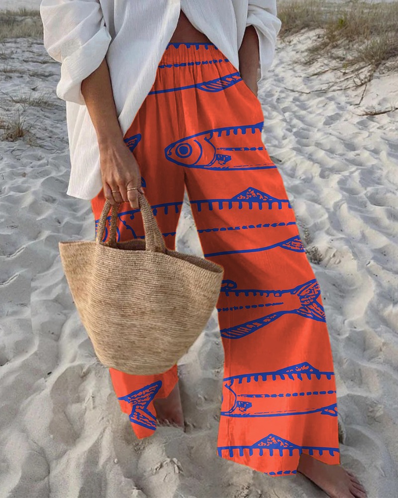 Japanese Red Sardines Art Print Cropped Pants