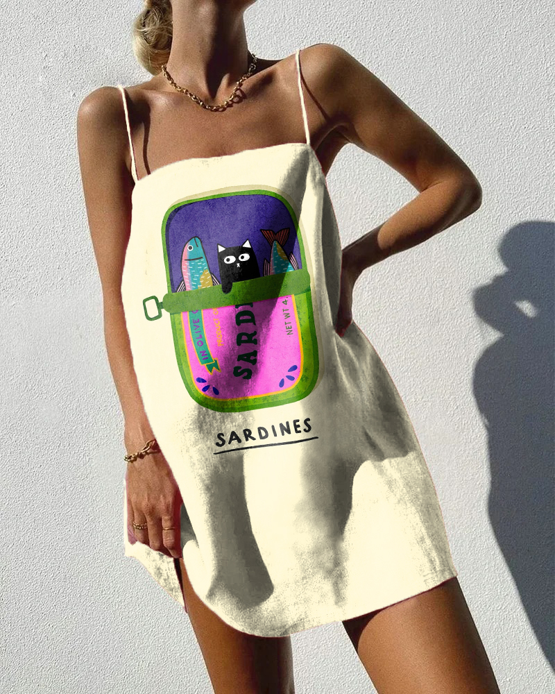 Vintage Canned Sardines Print Mini Dress