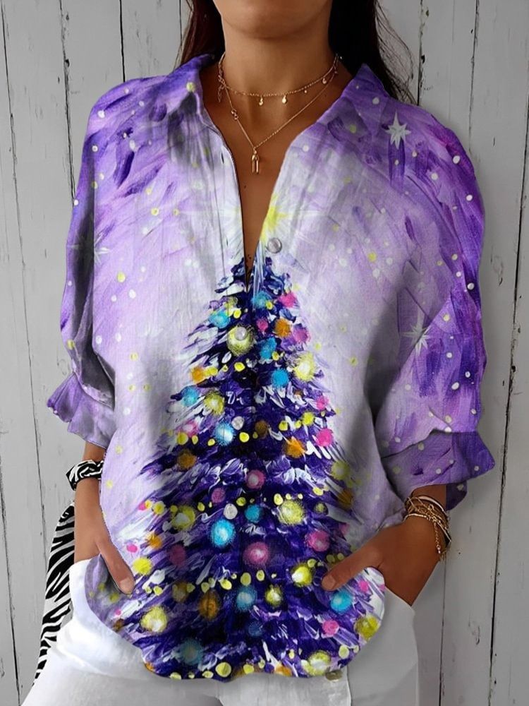 Purple Christmas Tree Printing Cotton And Linen Shirt