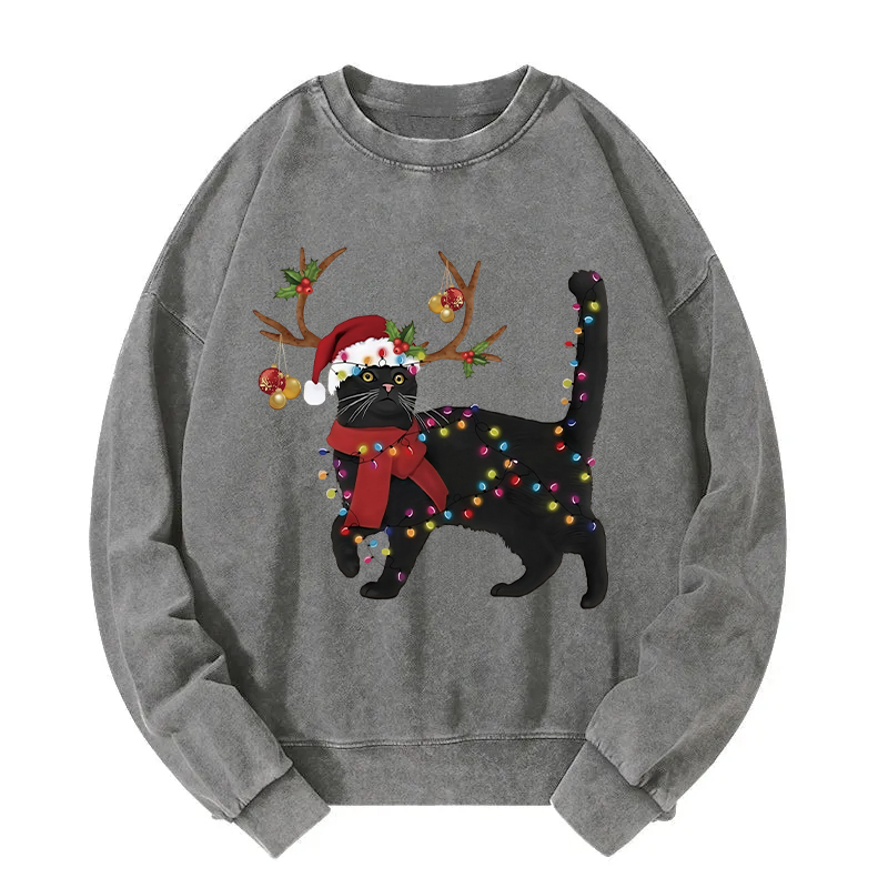 Christmas Elk Cat Washed Sweatshirt