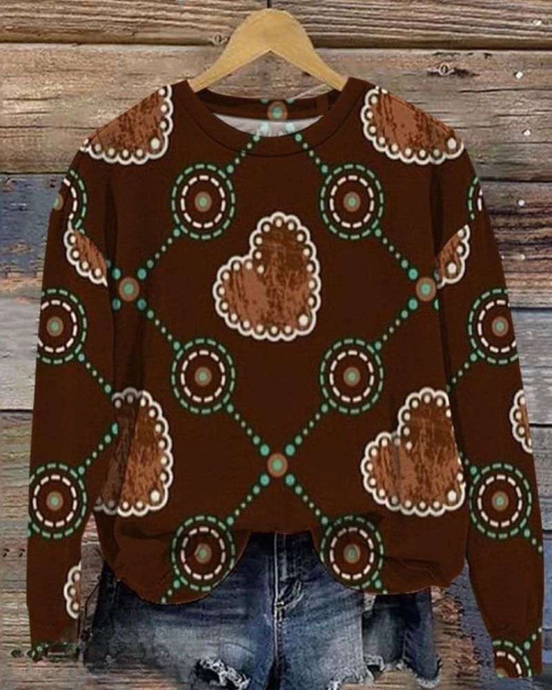 Retro Brown Love Heart Art Print Casual Sweatshirt