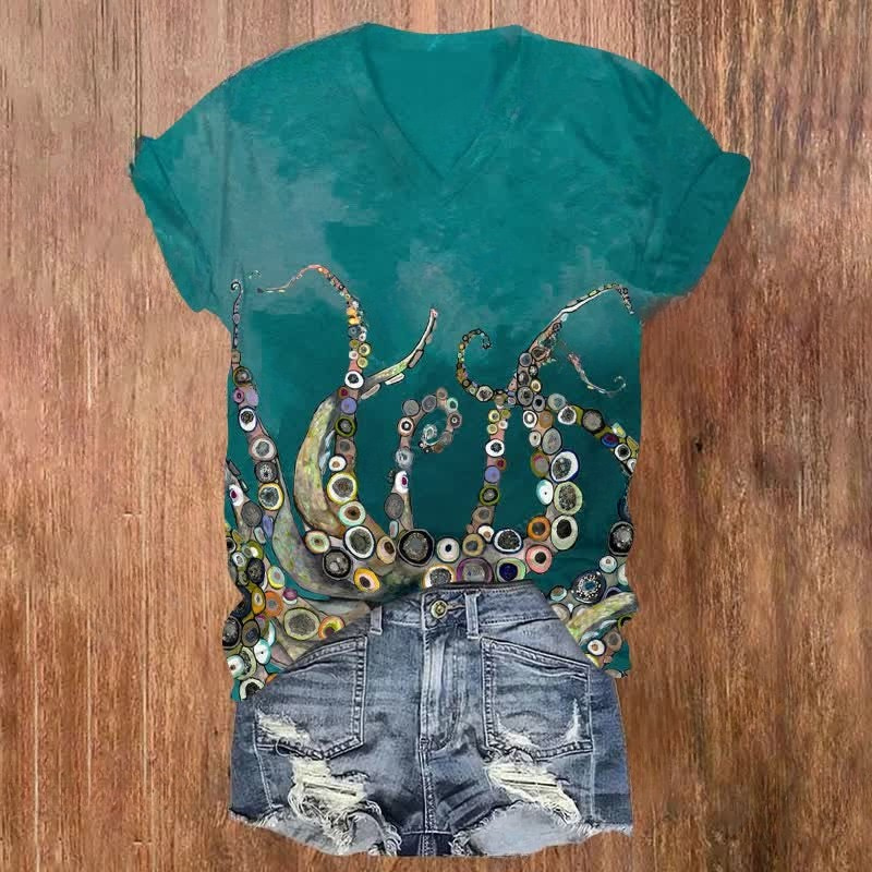 Colorful Octopus Oil Painting Print v-neck T-Shirt