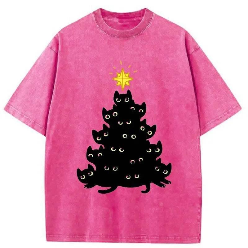   Black Cat Christmas Tree Washed T-Shirt