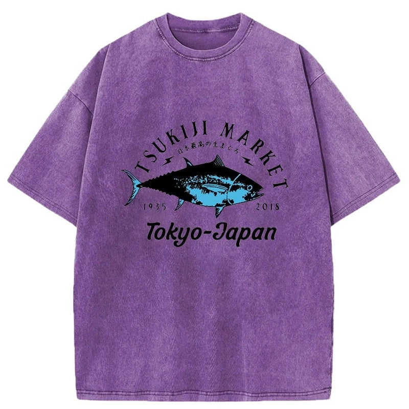 Tsukiji Fish Market Blue Fish Washed T-Shirt