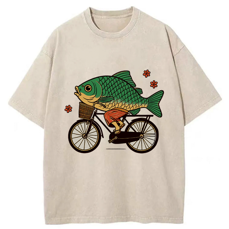 Funny Fish Riding A Bicycle Washed T-Shirt