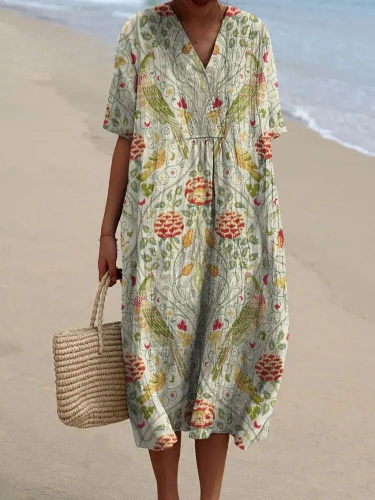 Women's Vintage Lovely Floral Birds Art Print Flowy Dress