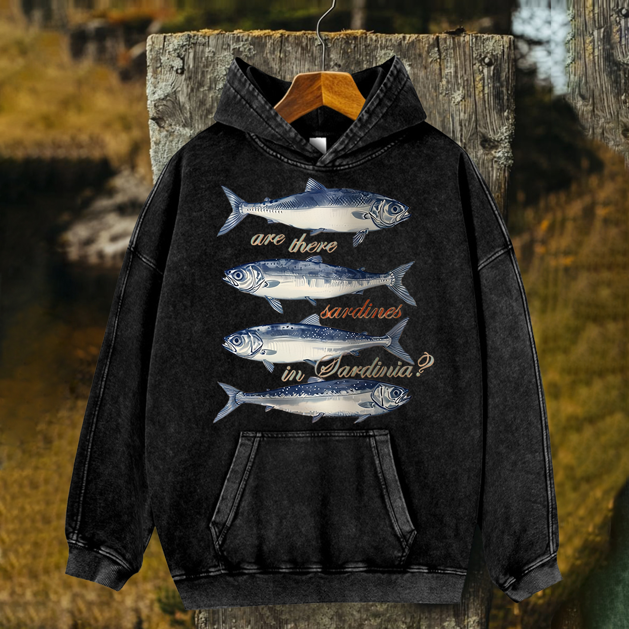 Unisex Fish Printed Washed Hoodies