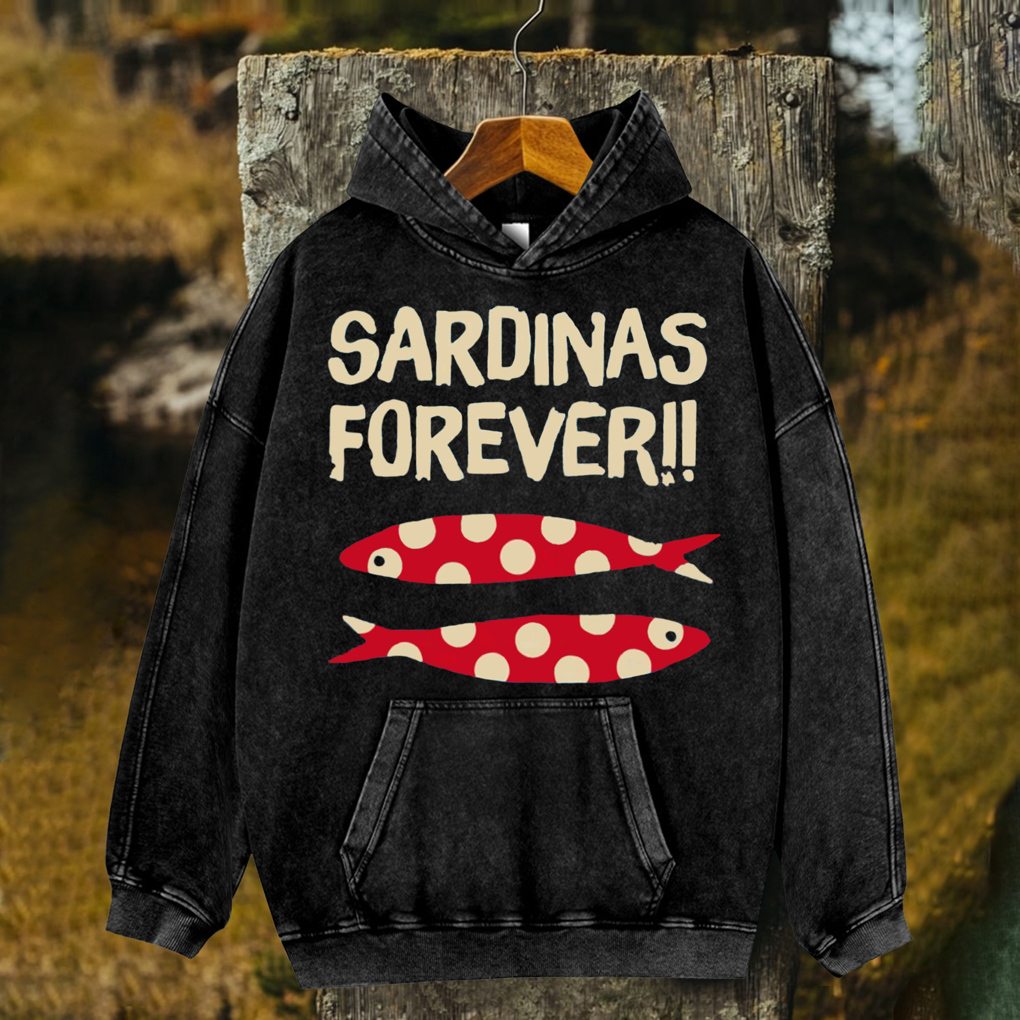 Unisex Washed Spotted Red Fish Fun Print Hoodie