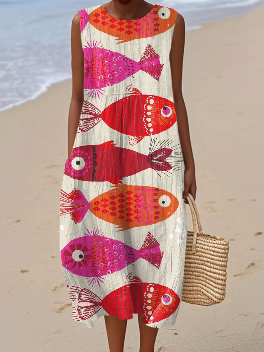 Women's Vintage Fish Art Print Sleeveless Cotton Pocket Wrap Dress