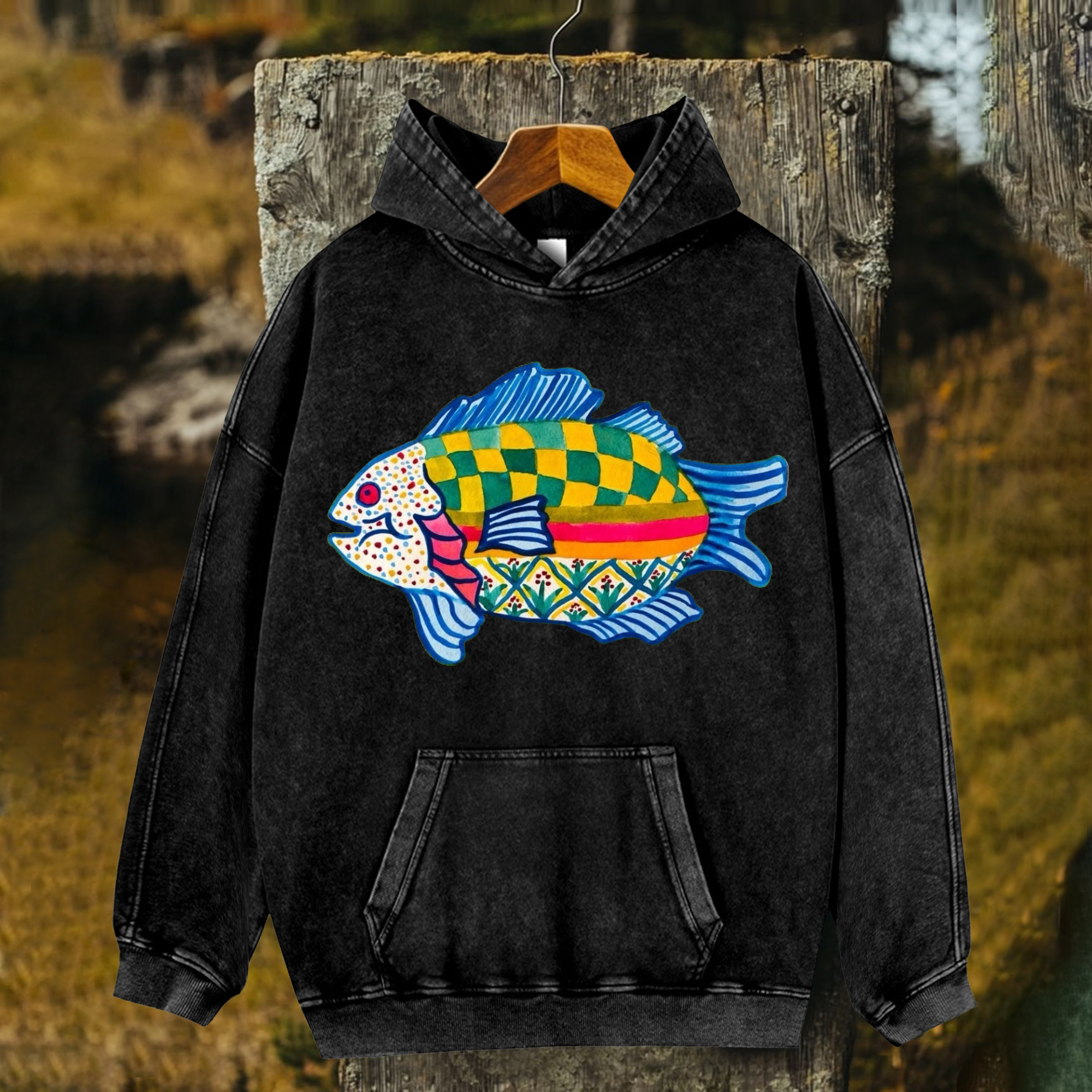 Unisex Fish Printed Washed Hoodies