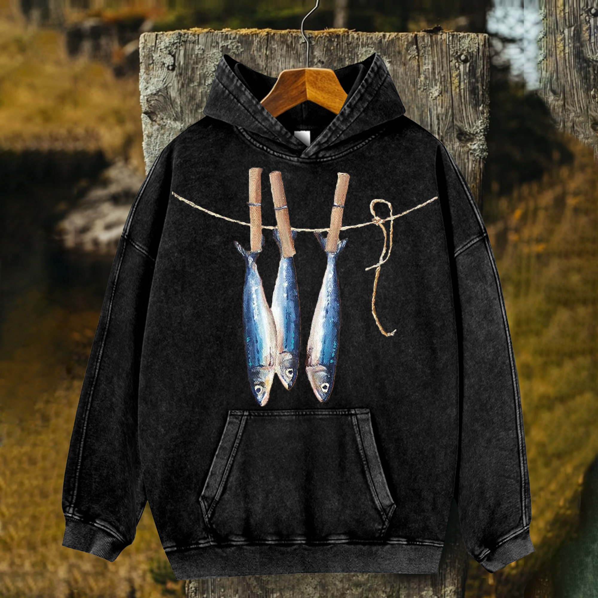 Unisex Fish Printed Washed Hoodies