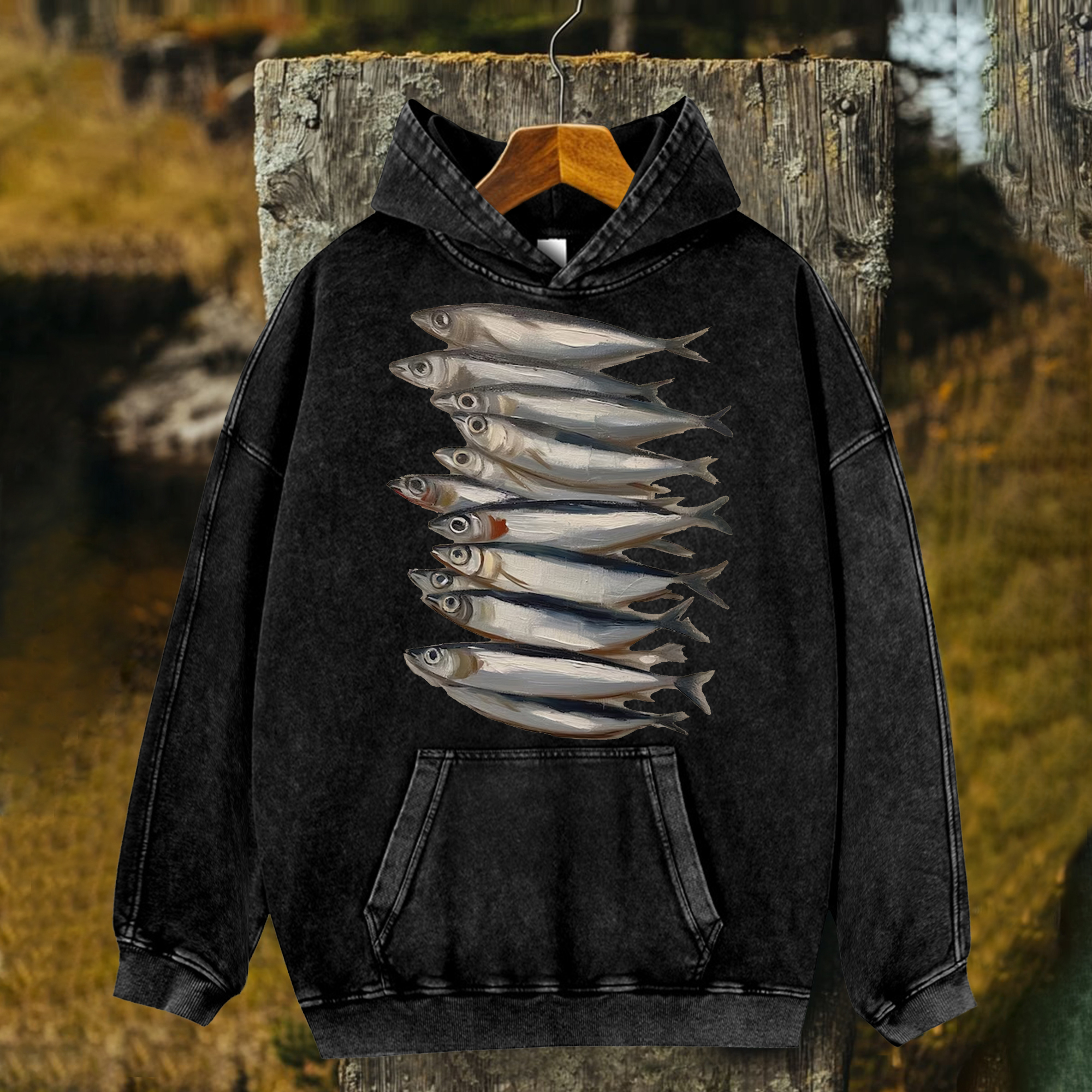 Unisex Sardines Printed Washed Hoodies