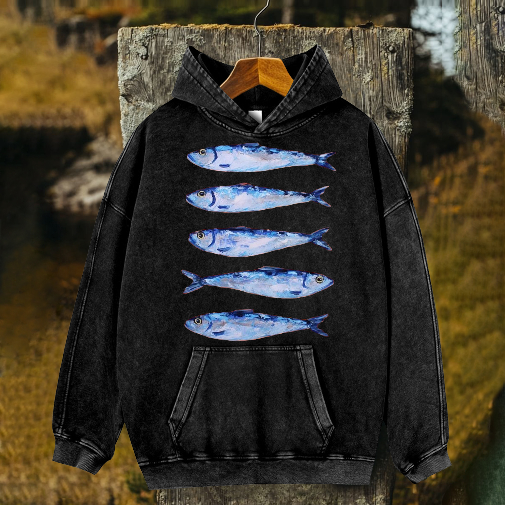 Unisex Sardines Printed Washed Hoodies