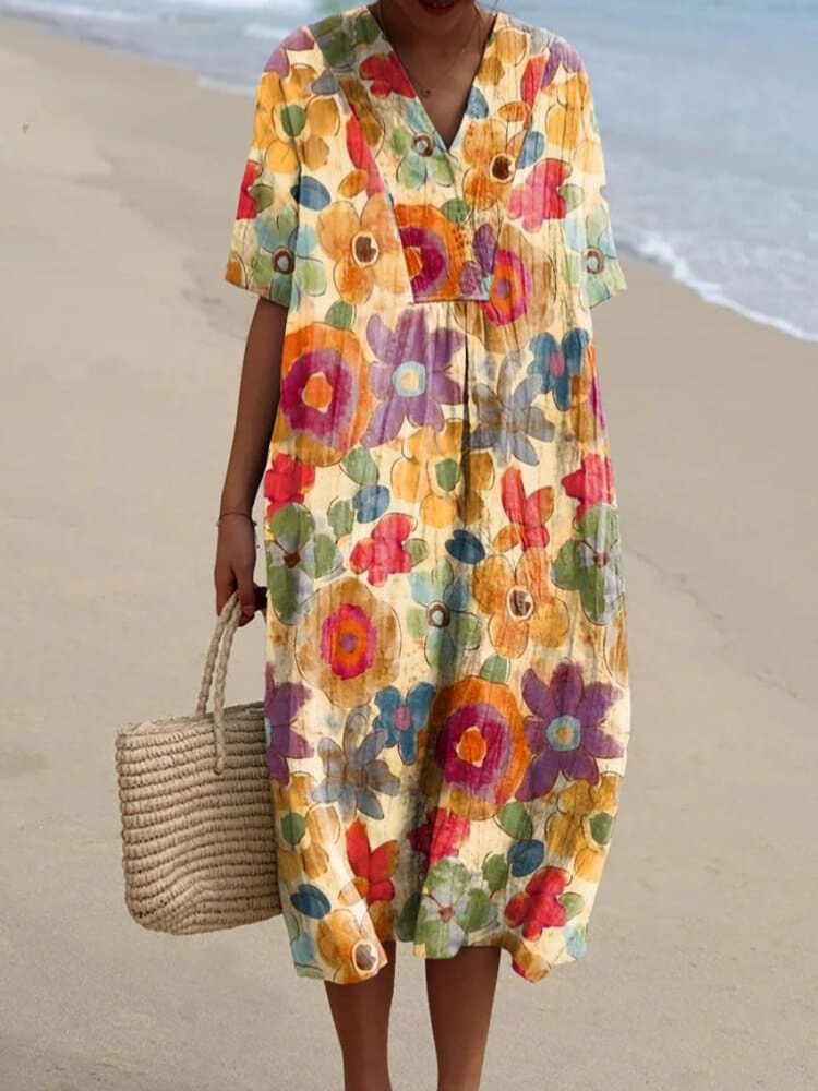 Women's Colorful Hand-painted Floral Print Flowy Dress