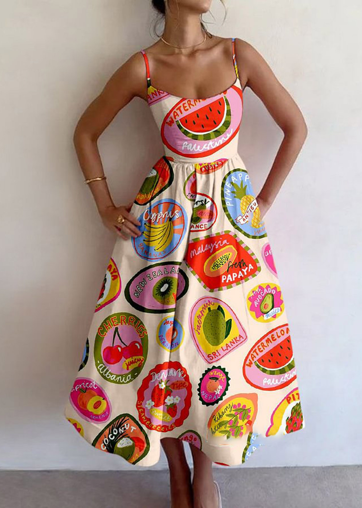 Fruit graffiti print suspender dress
