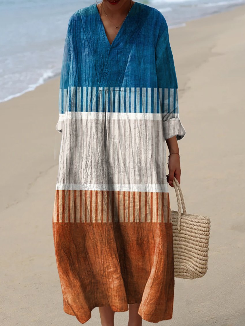 Women's Three-color Color-block Abstract Geometric Stripes Watercolor Splash Fluid Art Print Flowy Dress