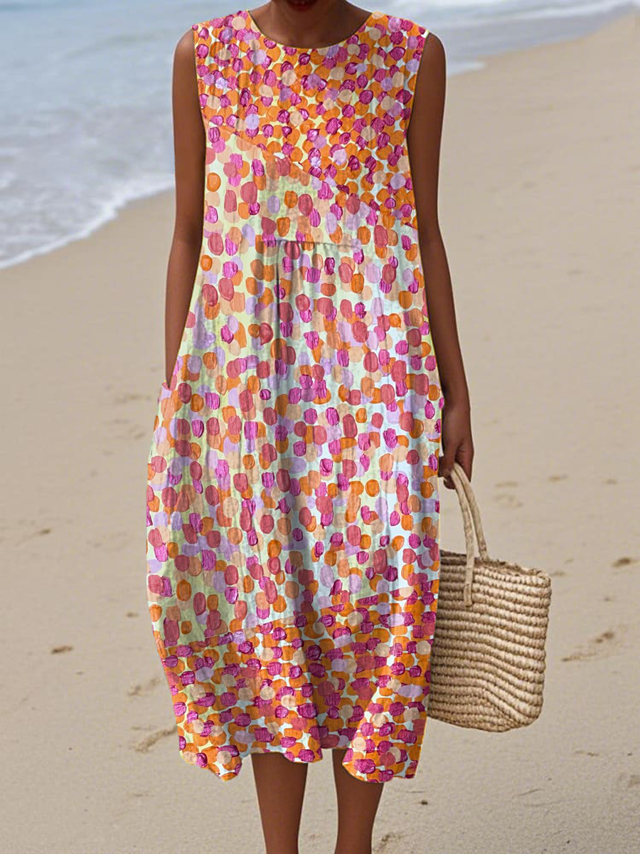 Women's Artistic Creative Dots Print Sleeveless Cotton Pocket Wrap Dress