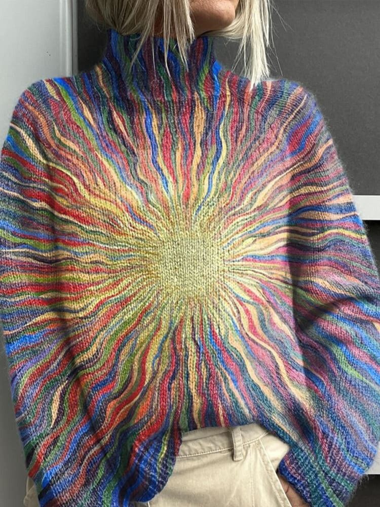 Colourful Sun Stripes Vintage Print Knit Turtleneck Pullover Sweater