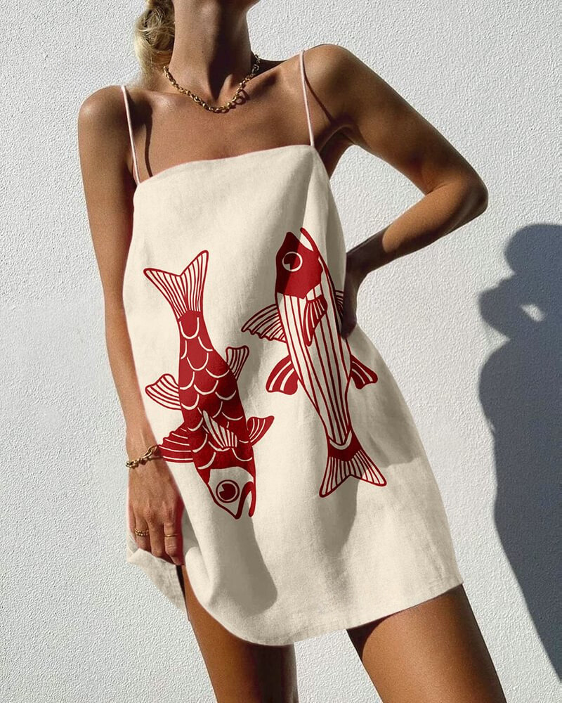 Chic Fish Print Strap Mini Dress