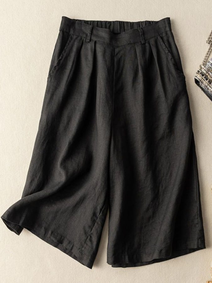 Cotton Thin Half Elastic Cropped Wide Leg Trousers