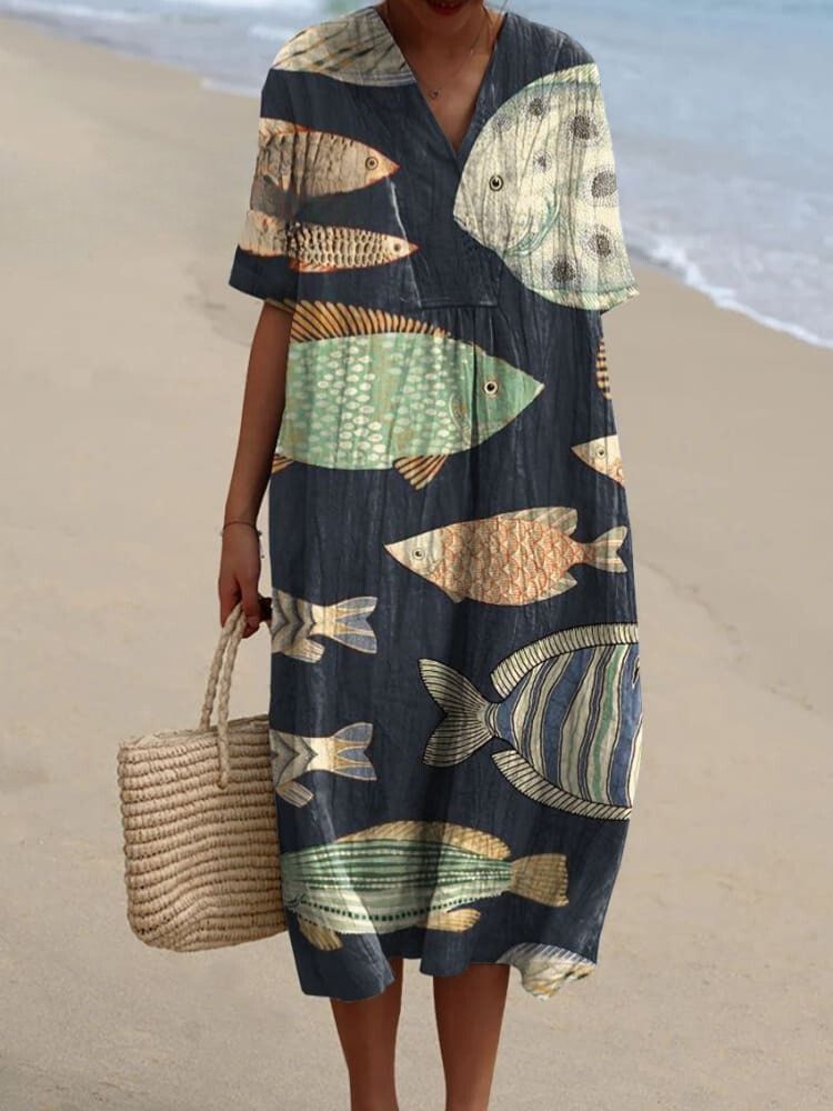 Women's Vintage Lovely Fish Art Print Flowy Dress
