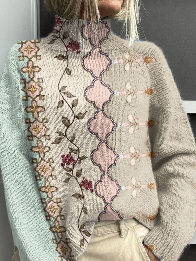 Floral Pattern Flowers Vintage Print Knit Turtleneck Pullover Sweater