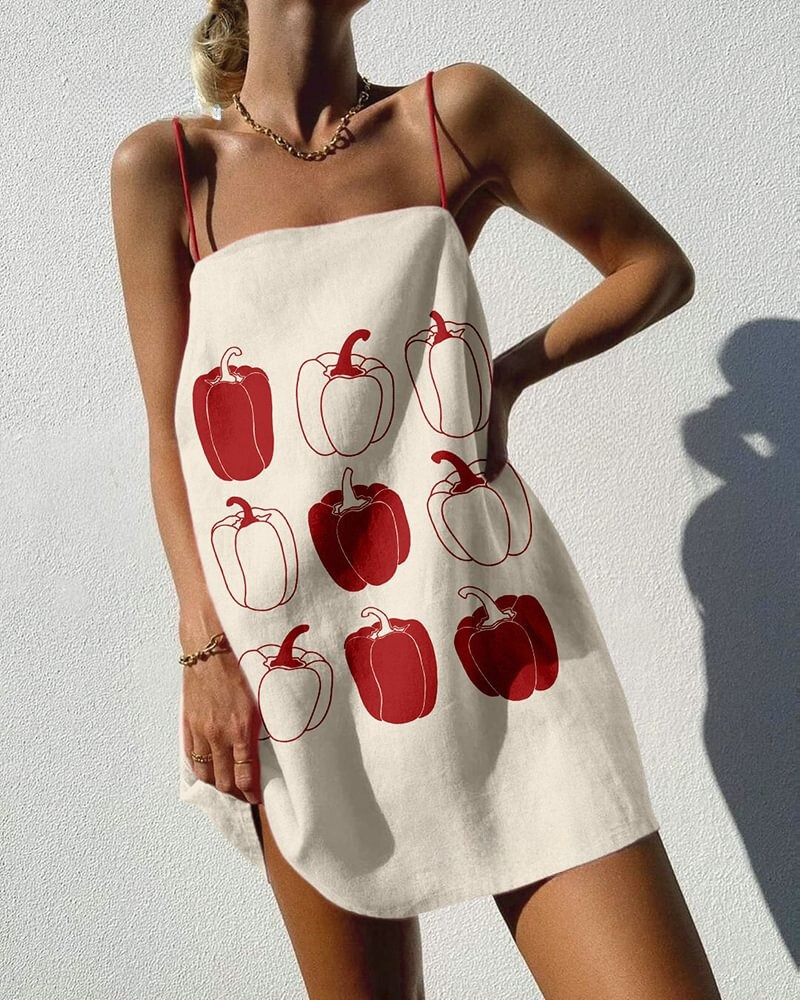 Stylish Red Pepper Print Strap Mini Dress