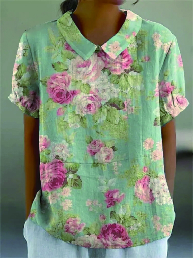 Women's Retro Floral Art Print Casual Cotton And Linen Shirt