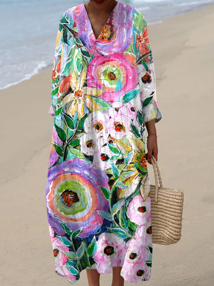 Women's Vintage Flower Art Print Casual Dress