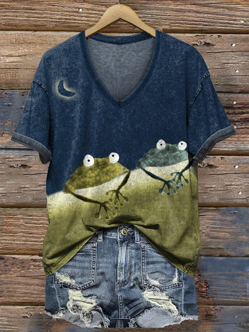 Simple Frog Color Block Art V-neck Print Casual T-Shirt