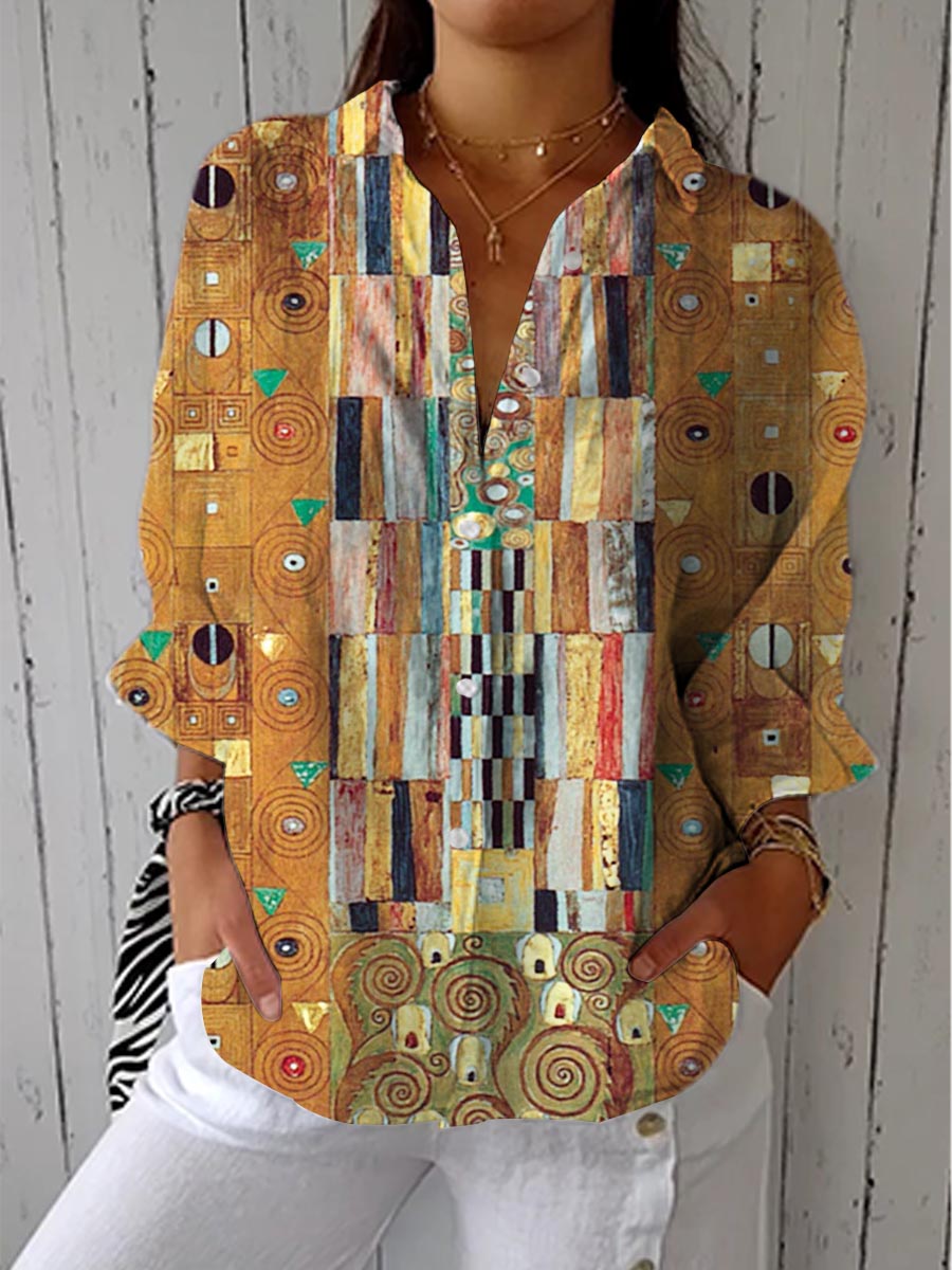 Women's Vintage Art Ethnic Geometry Print Casual V-neck Shirt
