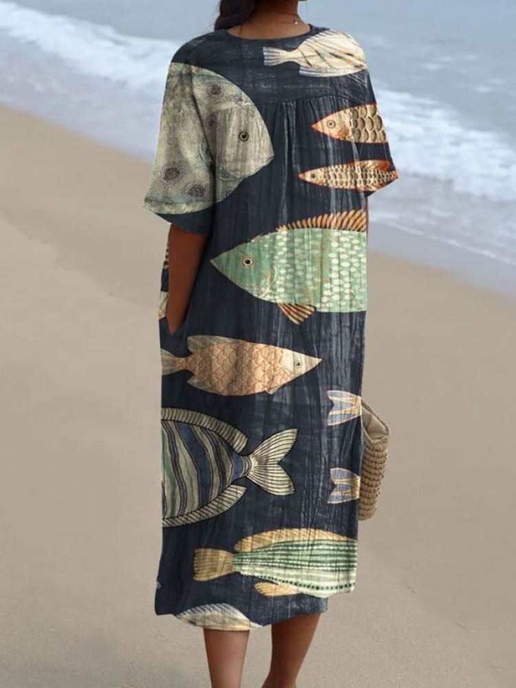 Women's Vintage Lovely Fish Art Print Flowy Dress