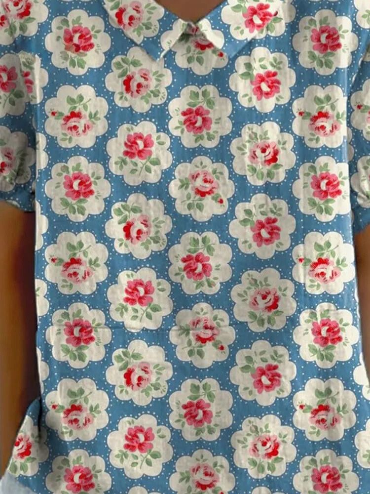 Women's Vintage Lovely Elegant Floral Art Print Casual Cotton And Linen Shirt