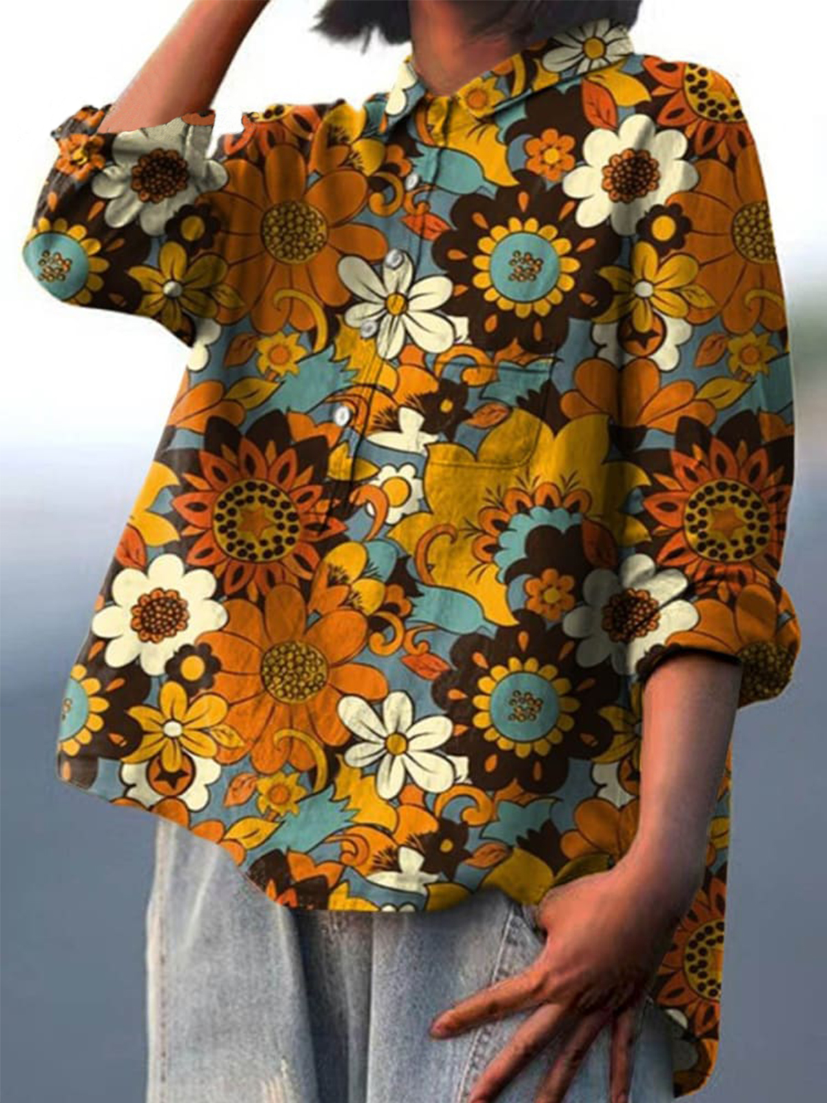 Women's Vintage Lovely Flowers Art Print Casual Cotton And Linen Shirt