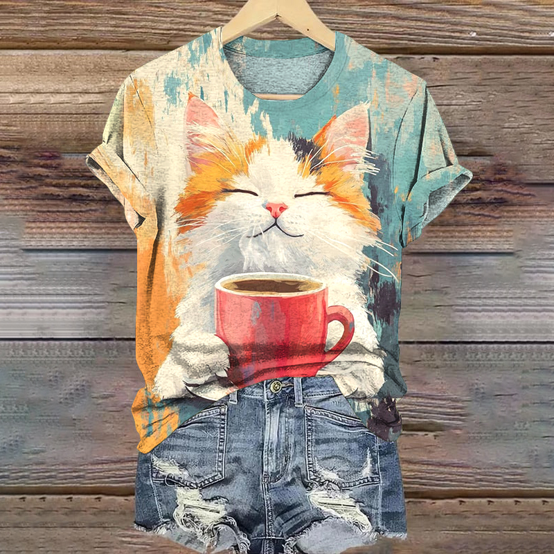 Pop Art Painting Cat Drinks Coffee Pattern T-shirt