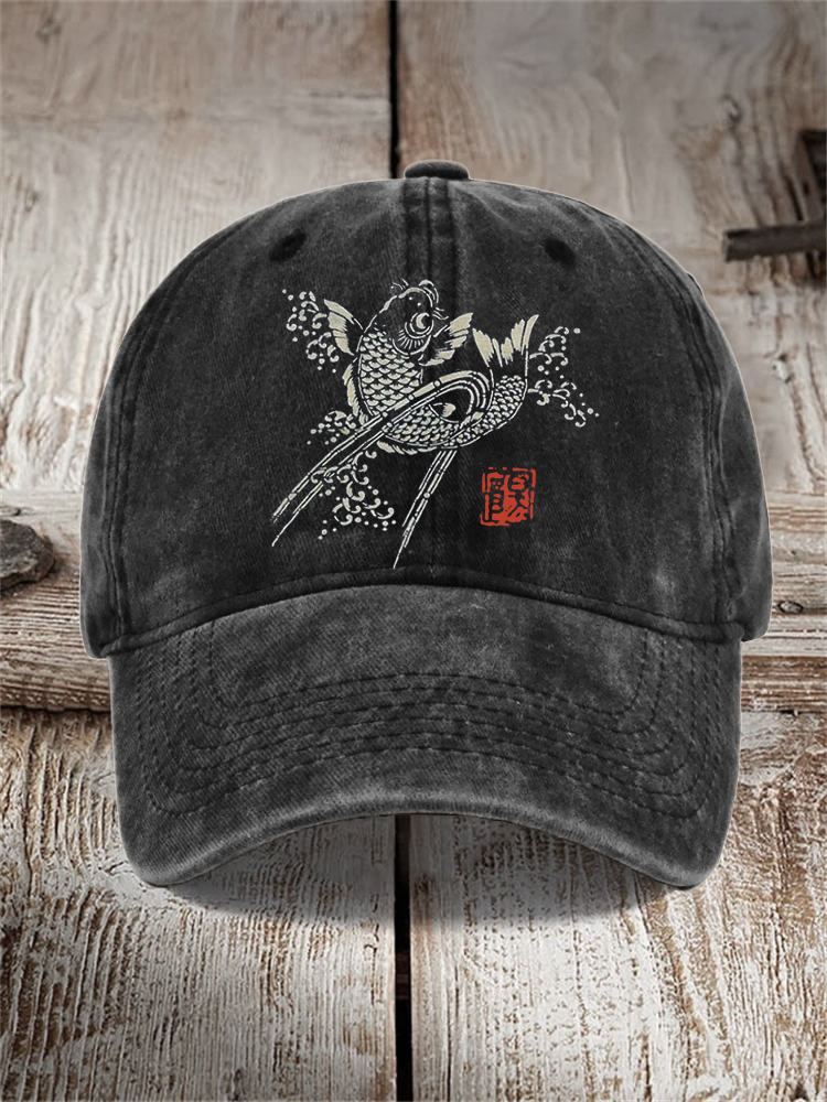 Koi Fish Sea Waves Japanese Lino Art Washed Cap