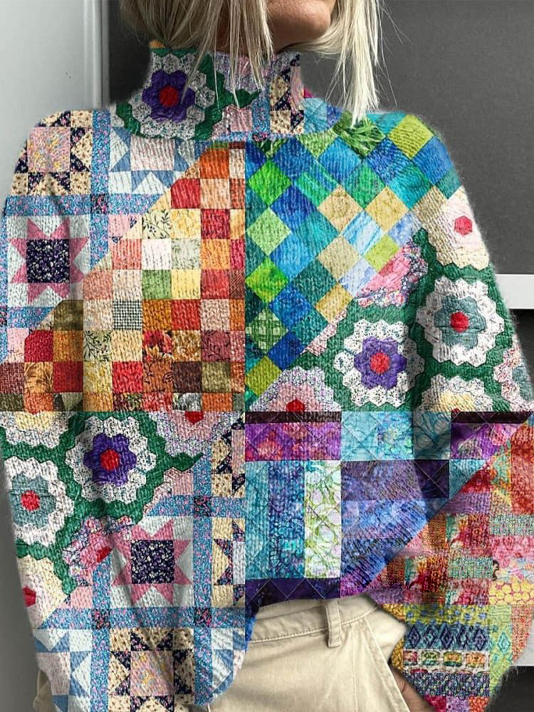 Women's Vintage Geometric Flowers Art Print Knit Turtleneck Pullover Sweater