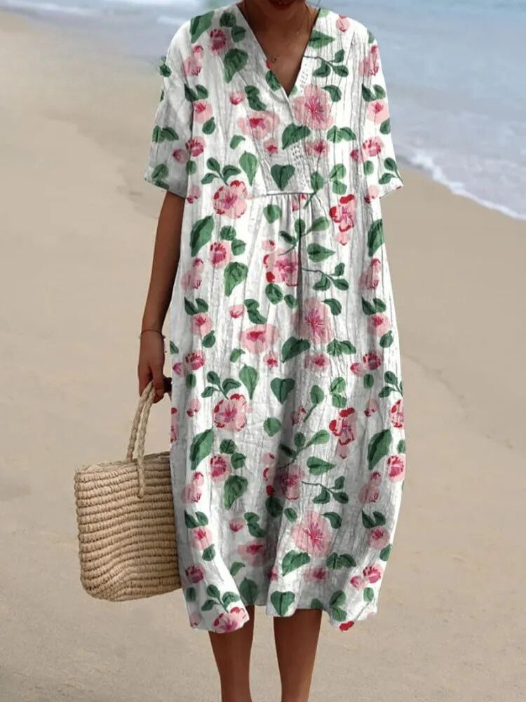 Women's Vintage Lovely Floral Art Print Flowy Dress