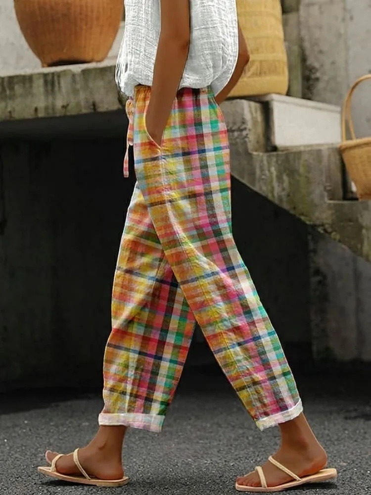 Vintage Check Print Lace-Up Casual Pants
