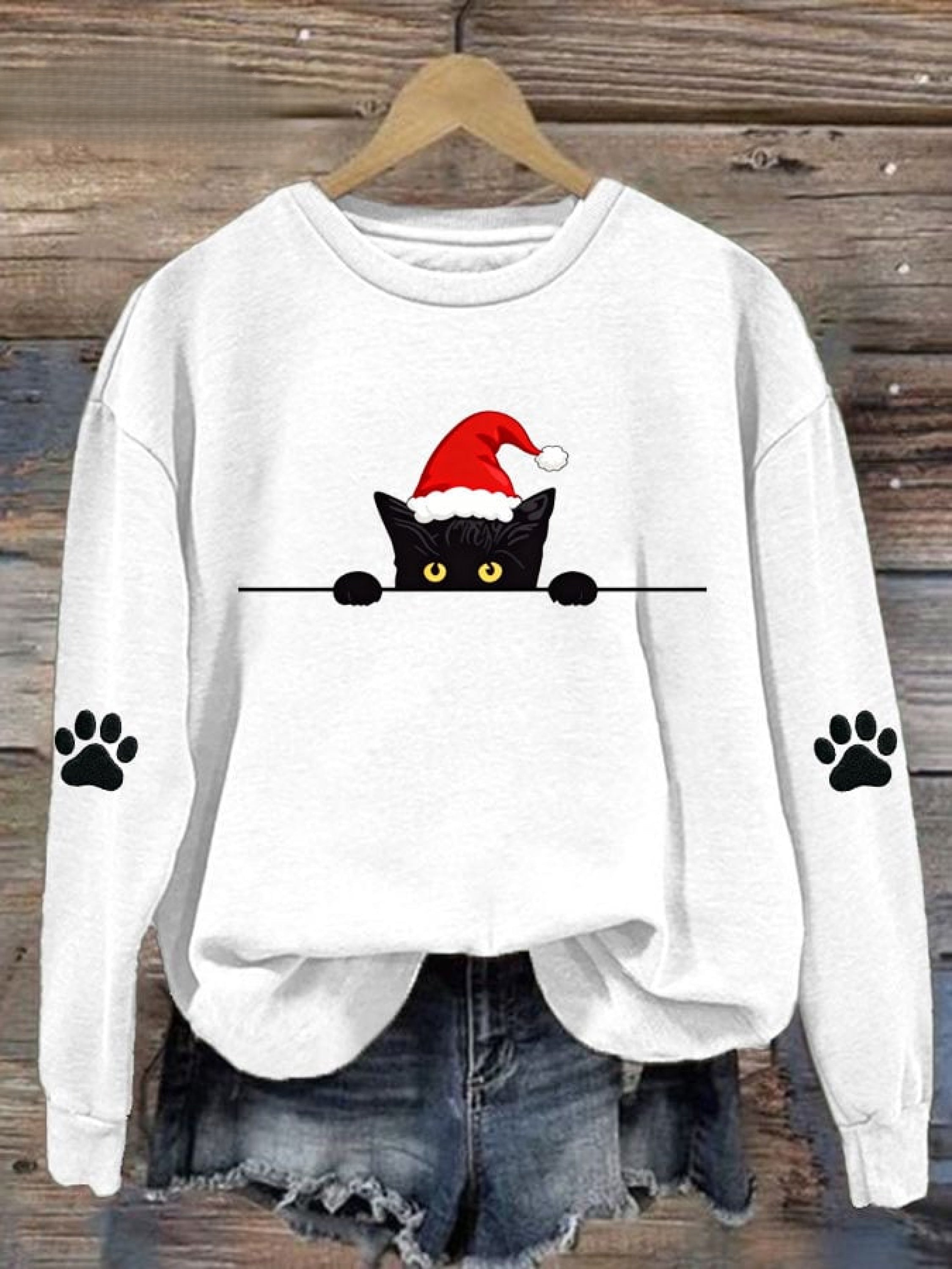 Women's Christmas Cat Printed Crew Neck Sweatshirt