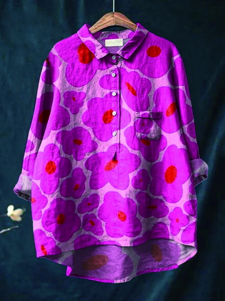 Vibrant Pink Floral Pattern Printed Women's Casual Cotton And Linen Shirt