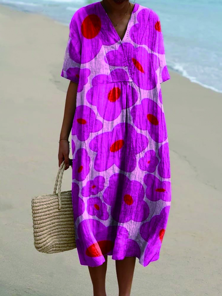 Vibrant Pink Floral Pattern Printed Women's Casual Cotton And Linen Shirt