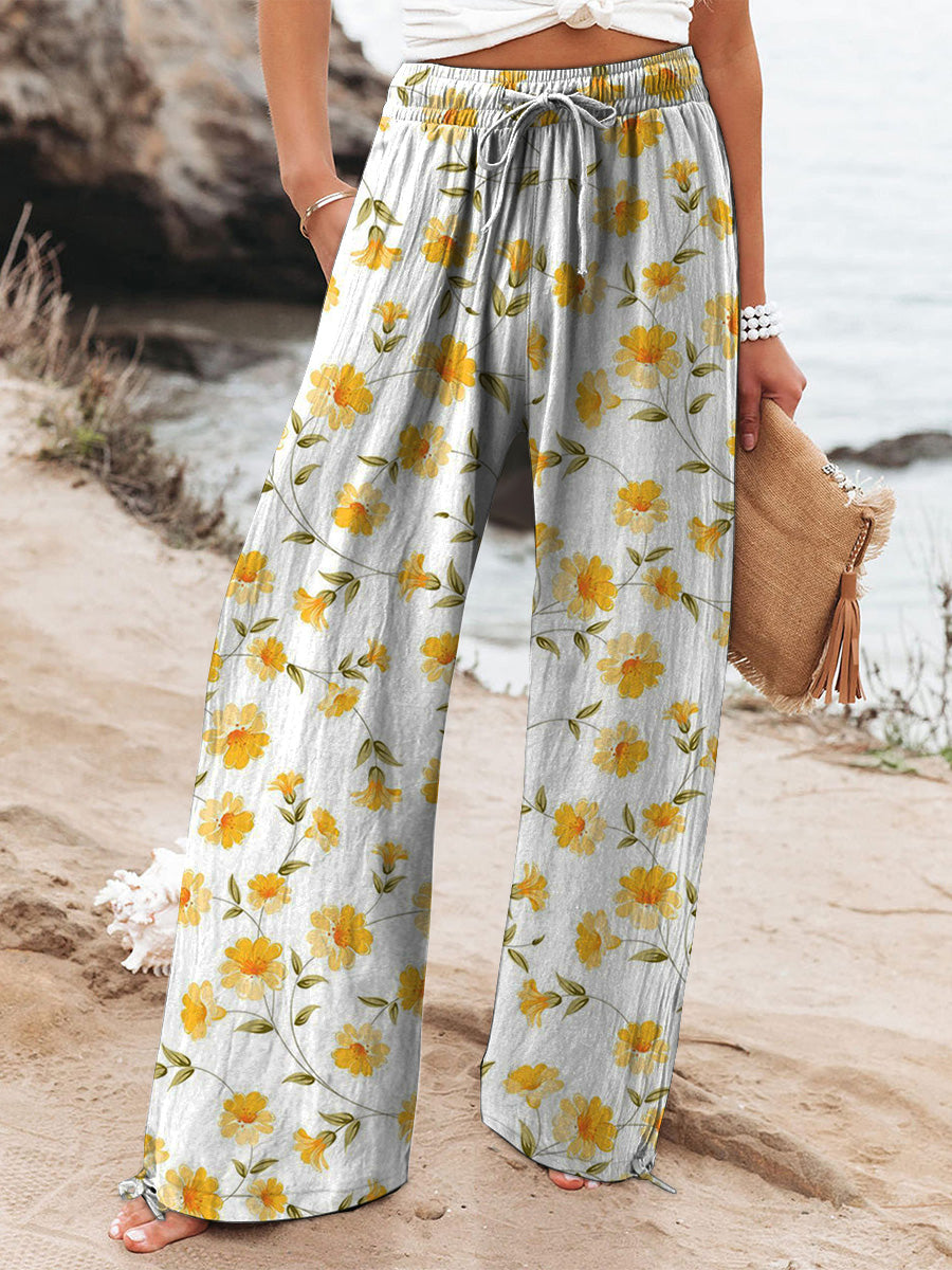 Watercolor Buttercup Floral Pattern Printed Women's Casual Pants