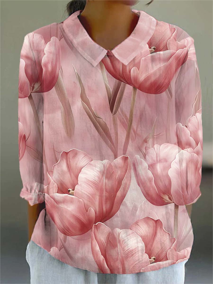 Women's Lovely Floral Art Print Casual 3/4 Sleeve Shirt